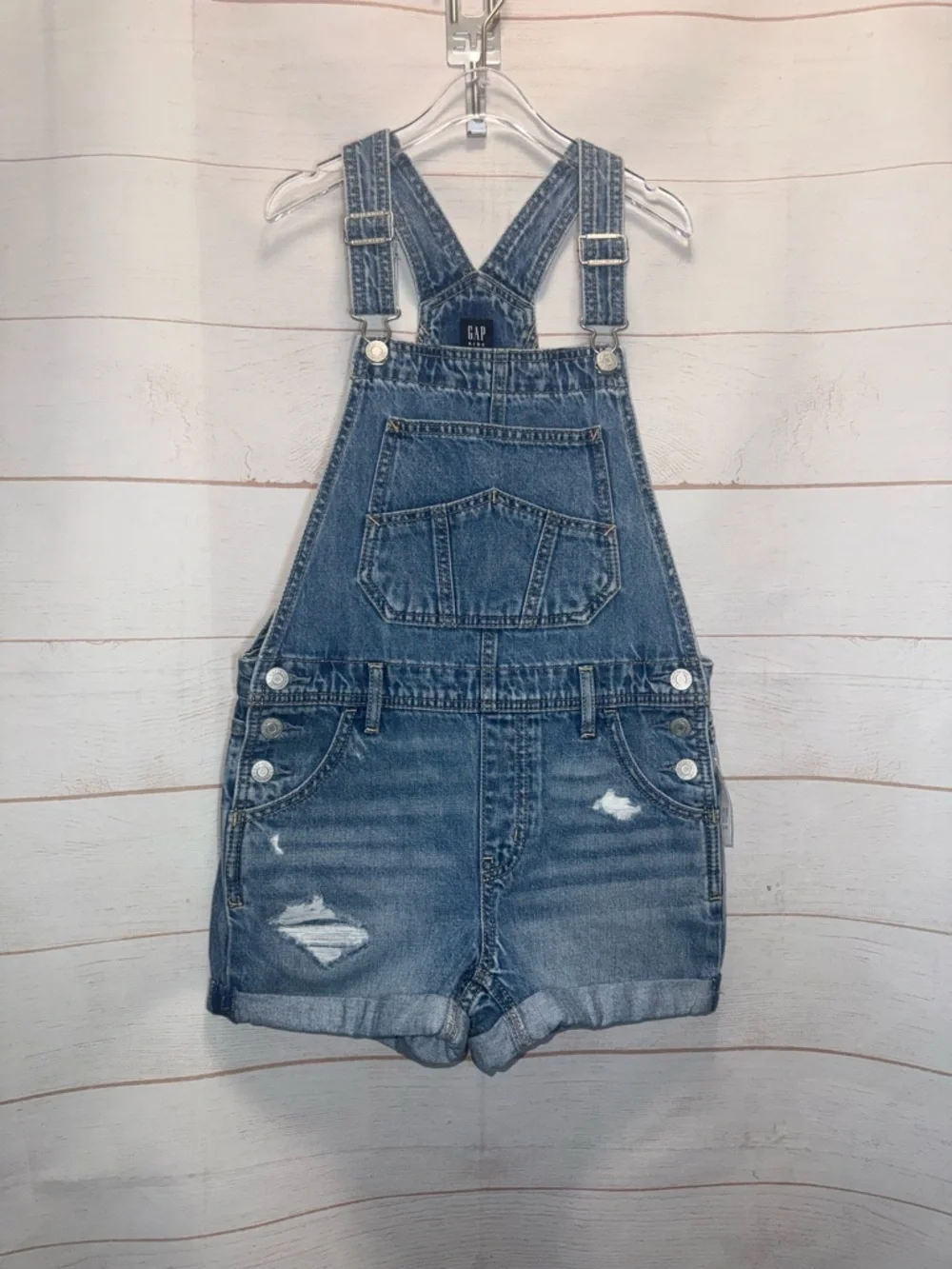 GAP Distressed Light Blue Denim Short Overalls Size Medium